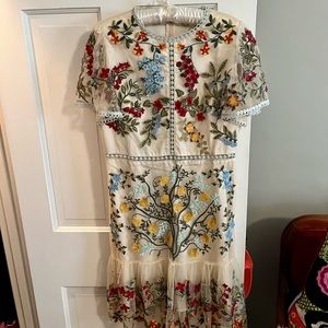 Anthropologie multi embroidered flower dress with lining, size runs very small.